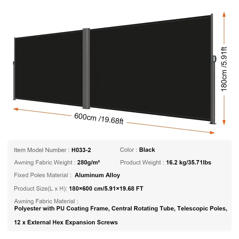 🛡️ Retractable Side Awning – Waterproof & UV30+ Outdoor Privacy Screen for Patio, Balcony or Backyard