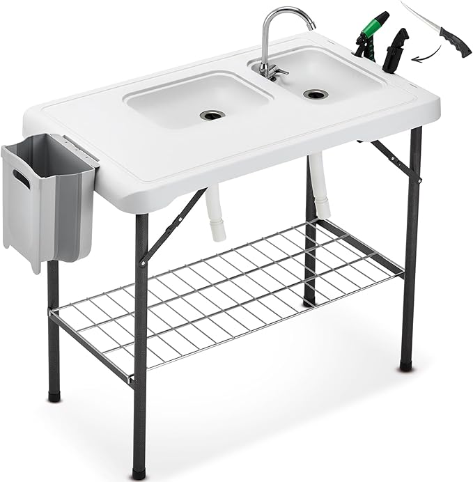 🏕️ Portable Cleaning Table – Dual Basins, Faucet & Sprayer for Camping 🔪