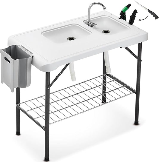 🏕️ Portable Cleaning Table – Dual Basins, Faucet & Sprayer for Camping 🔪