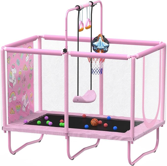 🏀🤸‍♀️ All-in-One Kids Trampoline – Swing, Hoop & Safety Net | Indoor/Outdoor Fun for Ages 2–7