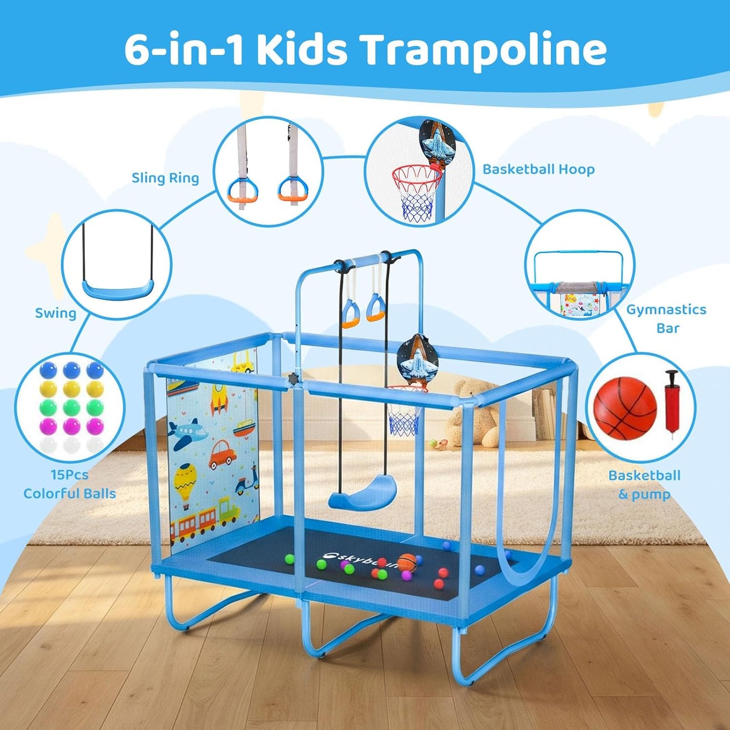 🏀🤸‍♀️ All-in-One Kids Trampoline – Swing, Hoop & Safety Net | Indoor/Outdoor Fun for Ages 2–7