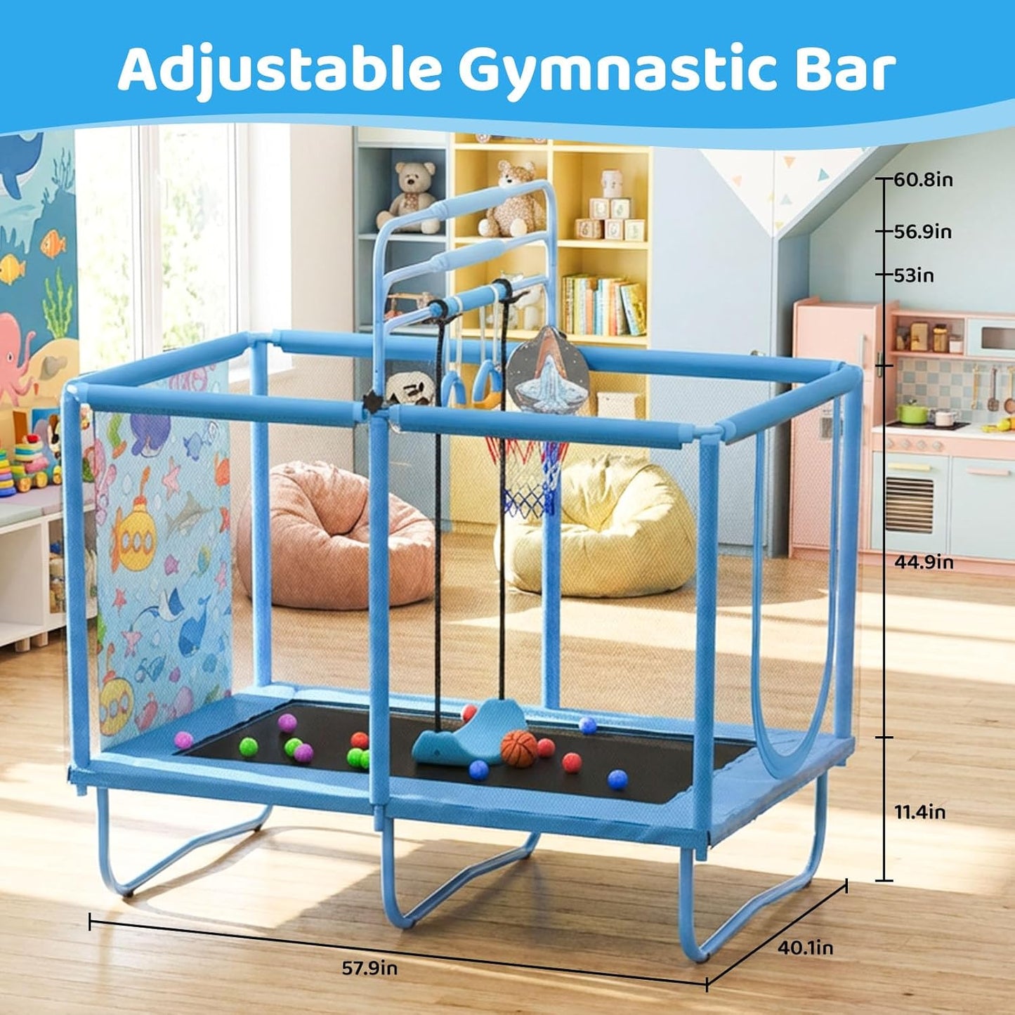 🏀🤸‍♀️ All-in-One Kids Trampoline – Swing, Hoop & Safety Net | Indoor/Outdoor Fun for Ages 2–7