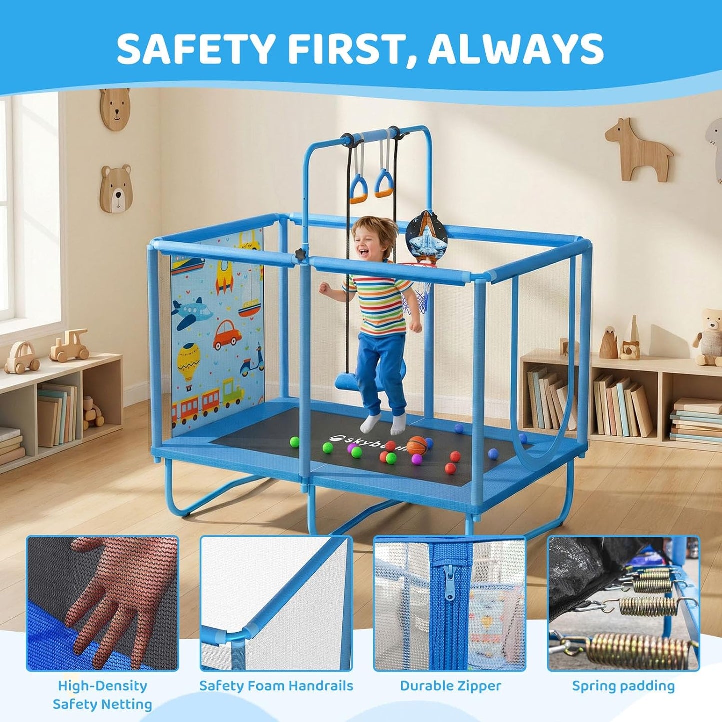 🏀🤸‍♀️ All-in-One Kids Trampoline – Swing, Hoop & Safety Net | Indoor/Outdoor Fun for Ages 2–7