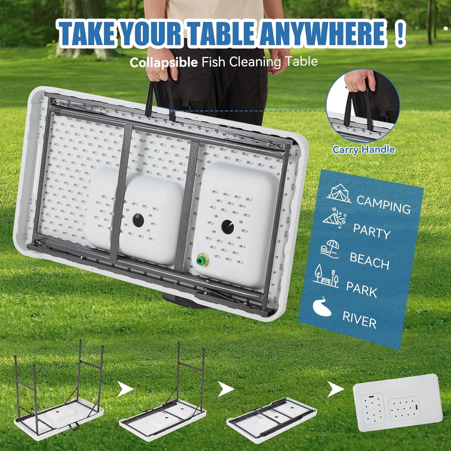 🏕️ Portable Cleaning Table – Dual Basins, Faucet & Sprayer for Camping 🔪