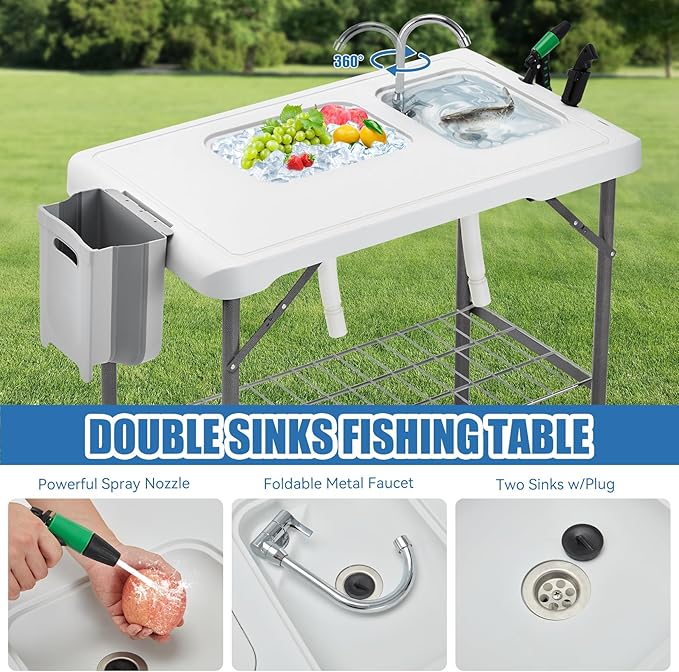 🏕️ Portable Cleaning Table – Dual Basins, Faucet & Sprayer for Camping 🔪