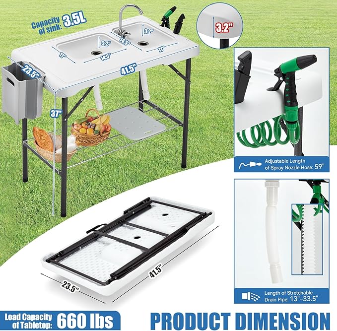🏕️ Portable Cleaning Table – Dual Basins, Faucet & Sprayer for Camping 🔪