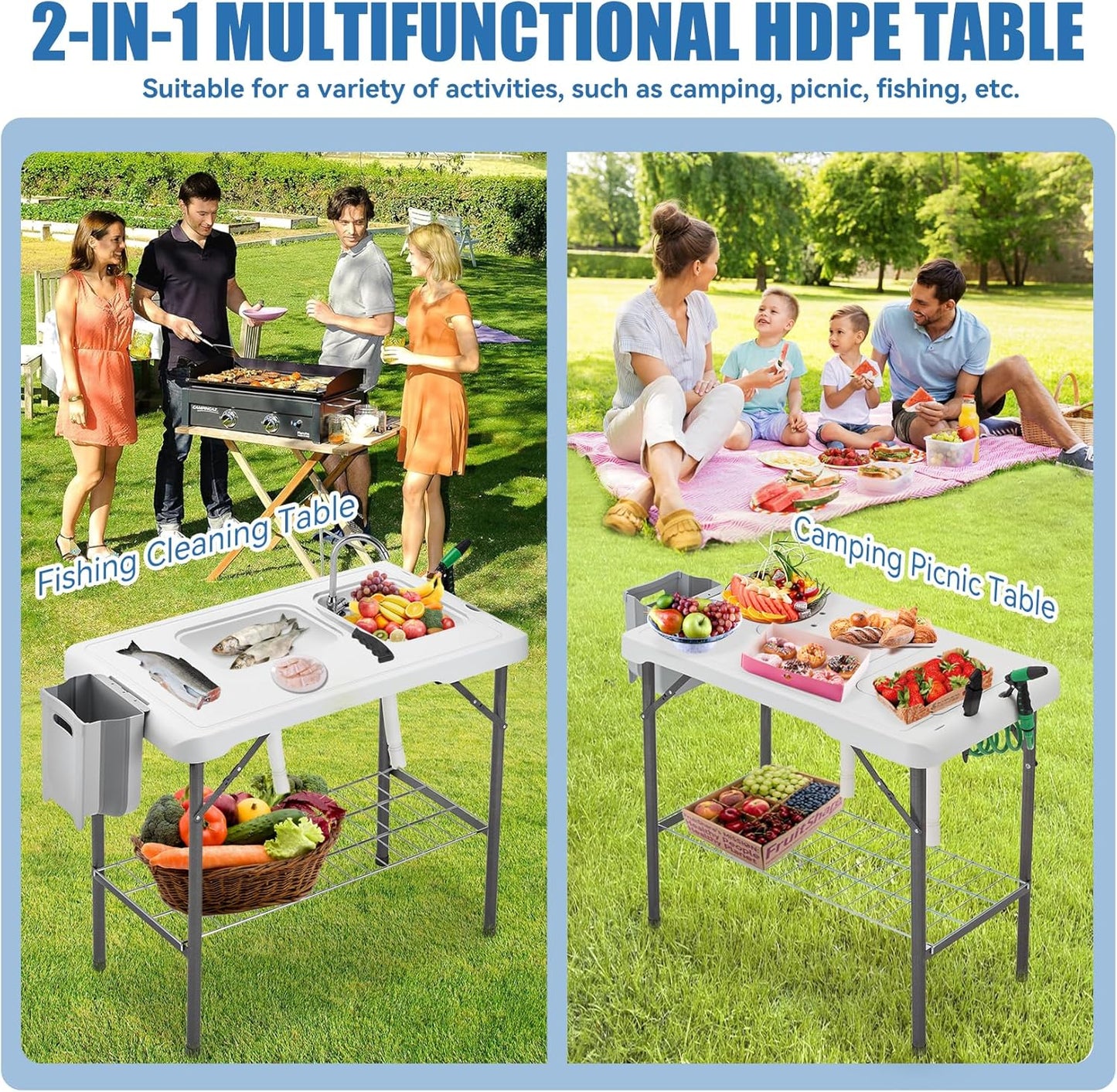 🏕️ Portable Cleaning Table – Dual Basins, Faucet & Sprayer for Camping 🔪