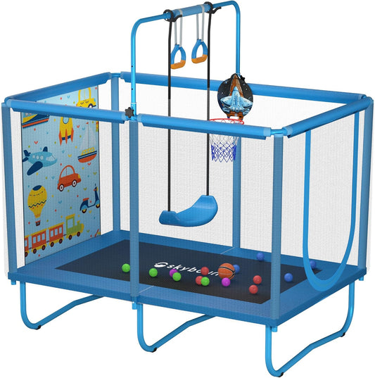 🏀🤸‍♀️ All-in-One Kids Trampoline – Swing, Hoop & Safety Net | Indoor/Outdoor Fun for Ages 2–7