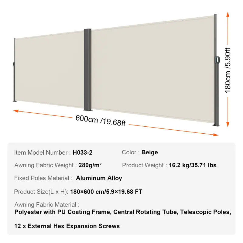🛡️ Retractable Side Awning – Waterproof & UV30+ Outdoor Privacy Screen for Patio, Balcony or Backyard