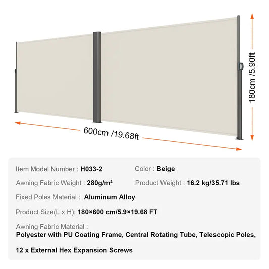 🛡️ Retractable Side Awning – Waterproof & UV30+ Outdoor Privacy Screen for Patio, Balcony or Backyard